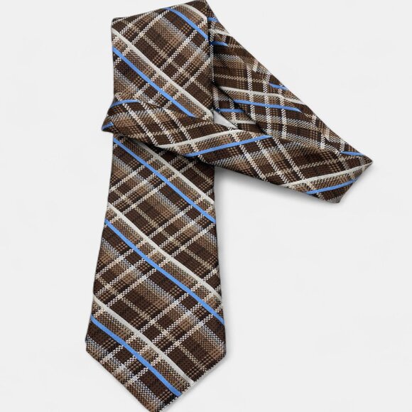 Daniel Cremieux Tartan Plaid Check Silk Tie Office Wedding Formal Brown Blue - Picture 5 of 8